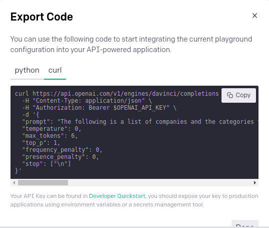 GPT-3 Playground cURL command